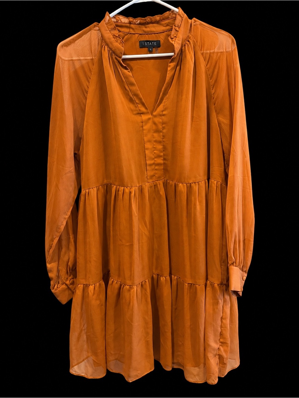 1. State Burnt Orange Tiered V-Neck Midi Dress